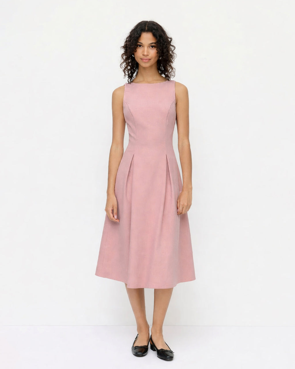 Boat Neck Pleated A-line Midi Cami Dress in Onion pink