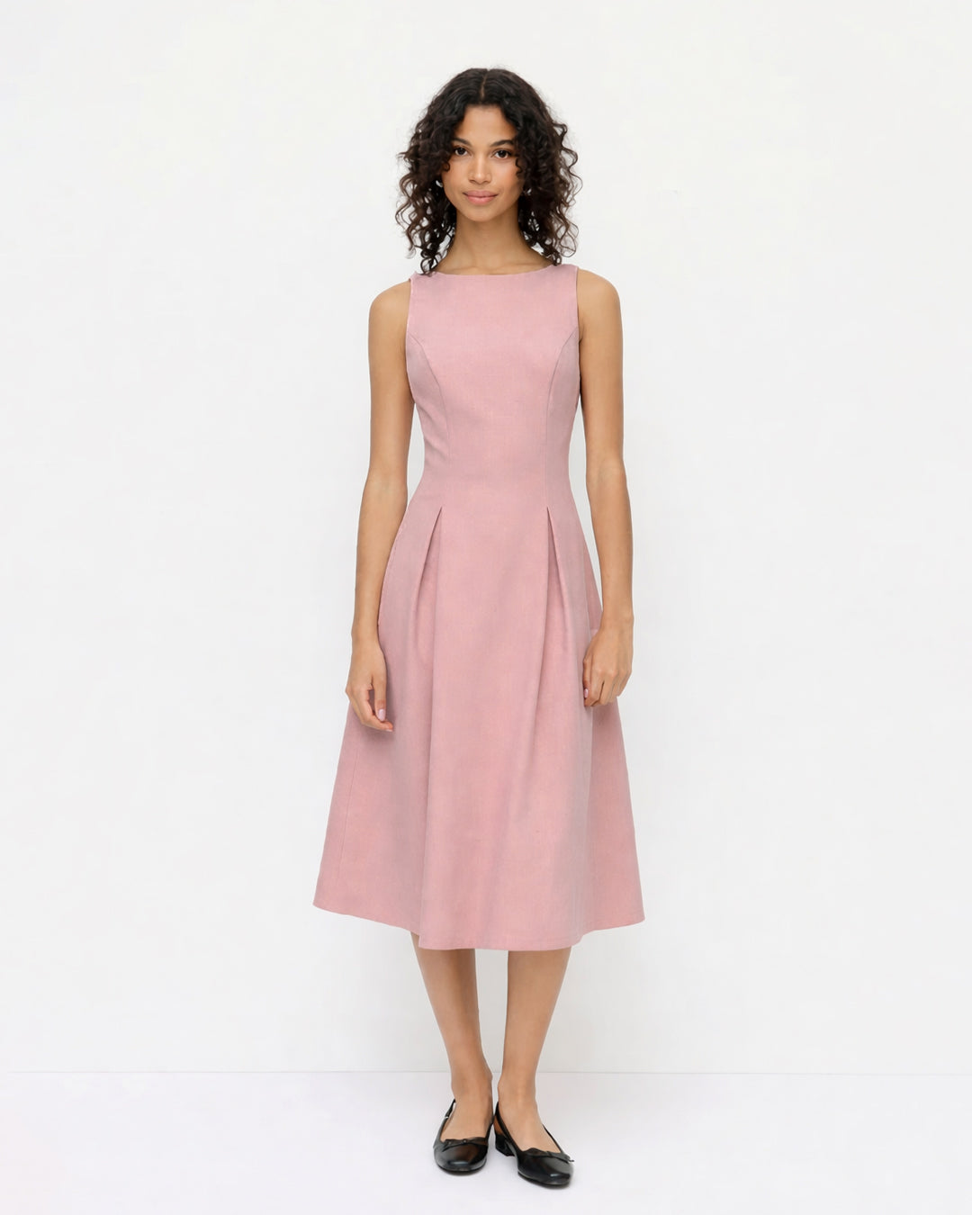 Boat Neck Pleated A-line Midi Cami Dress in Onion pink