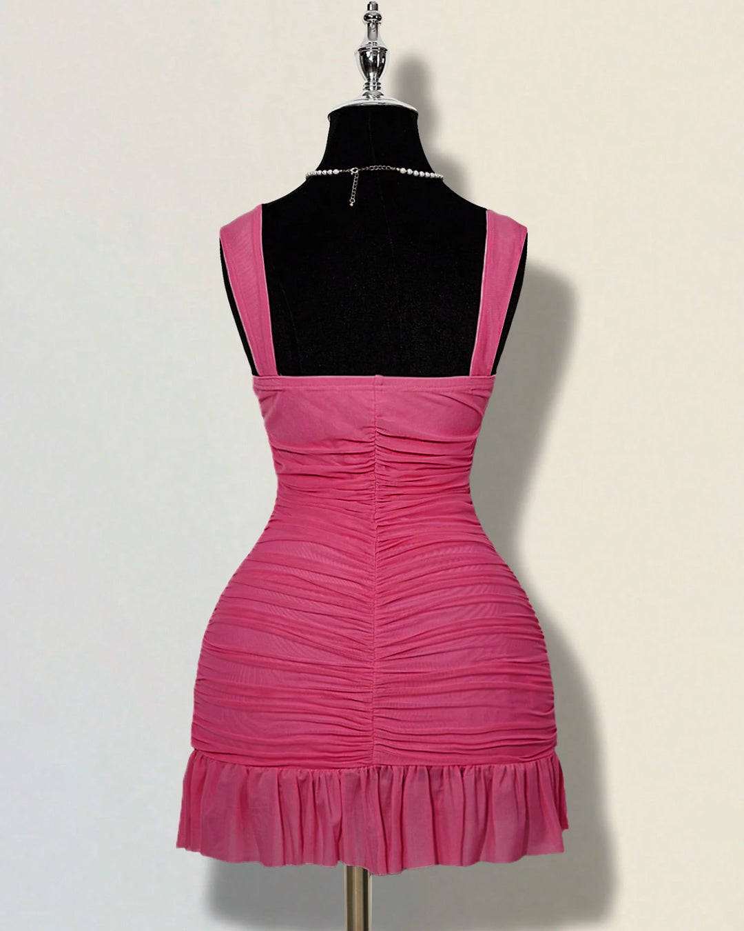 Ruffle Hem Square Neck Mini Fitted Dress in Barbie Pink