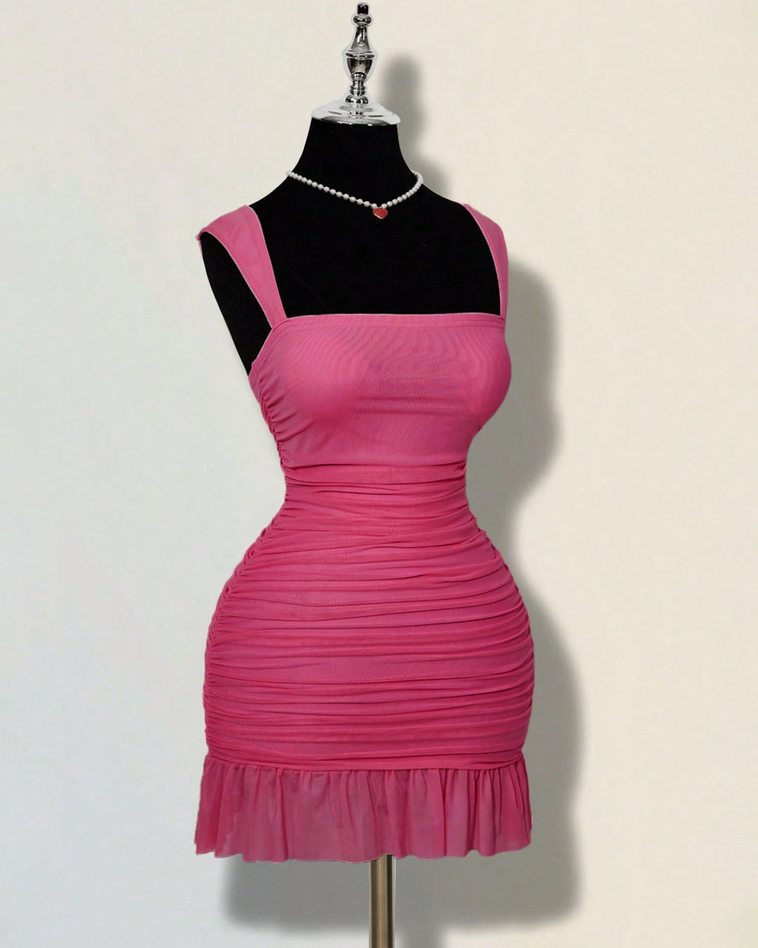 Ruffle Hem Square Neck Mini Fitted Dress in Barbie Pink