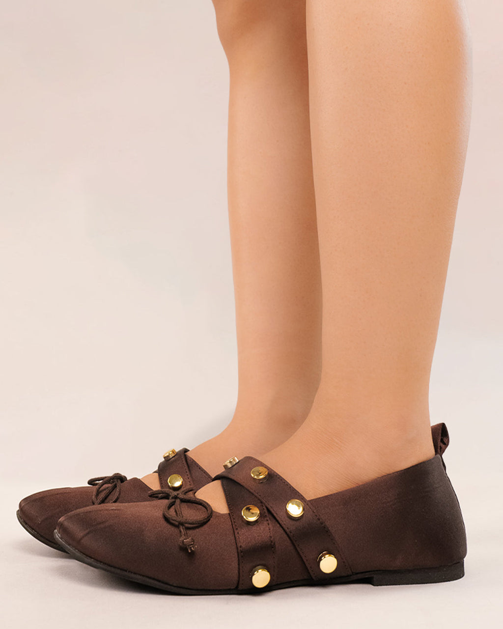 Studded Mary Jane Flats in Brown