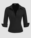 Collar Button-Front Mid Sleeve Top in Black