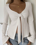 Tie Cuff Bell Sleeve Slit Hem Top in White