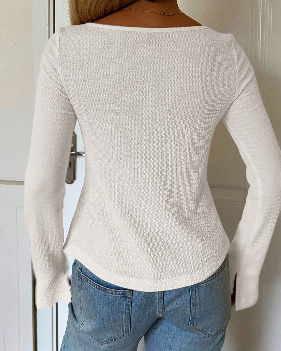 Tie Cuff Bell Sleeve Slit Hem Top in White