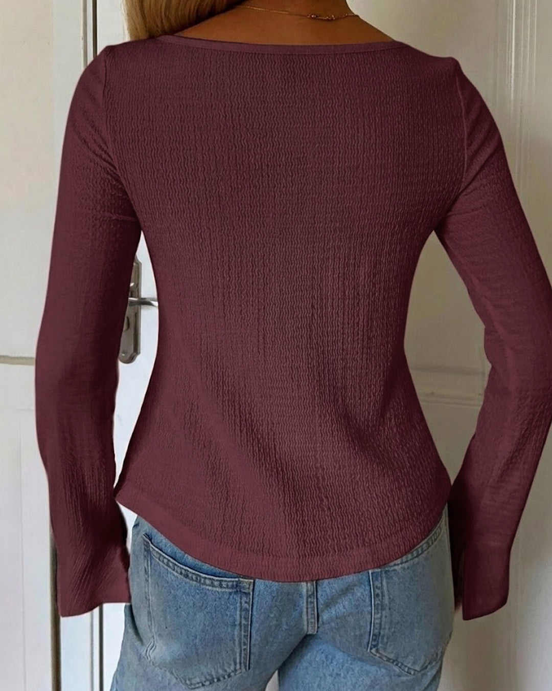 Tie Cuff Bell Sleeve Slit Hem Top in Amaranth