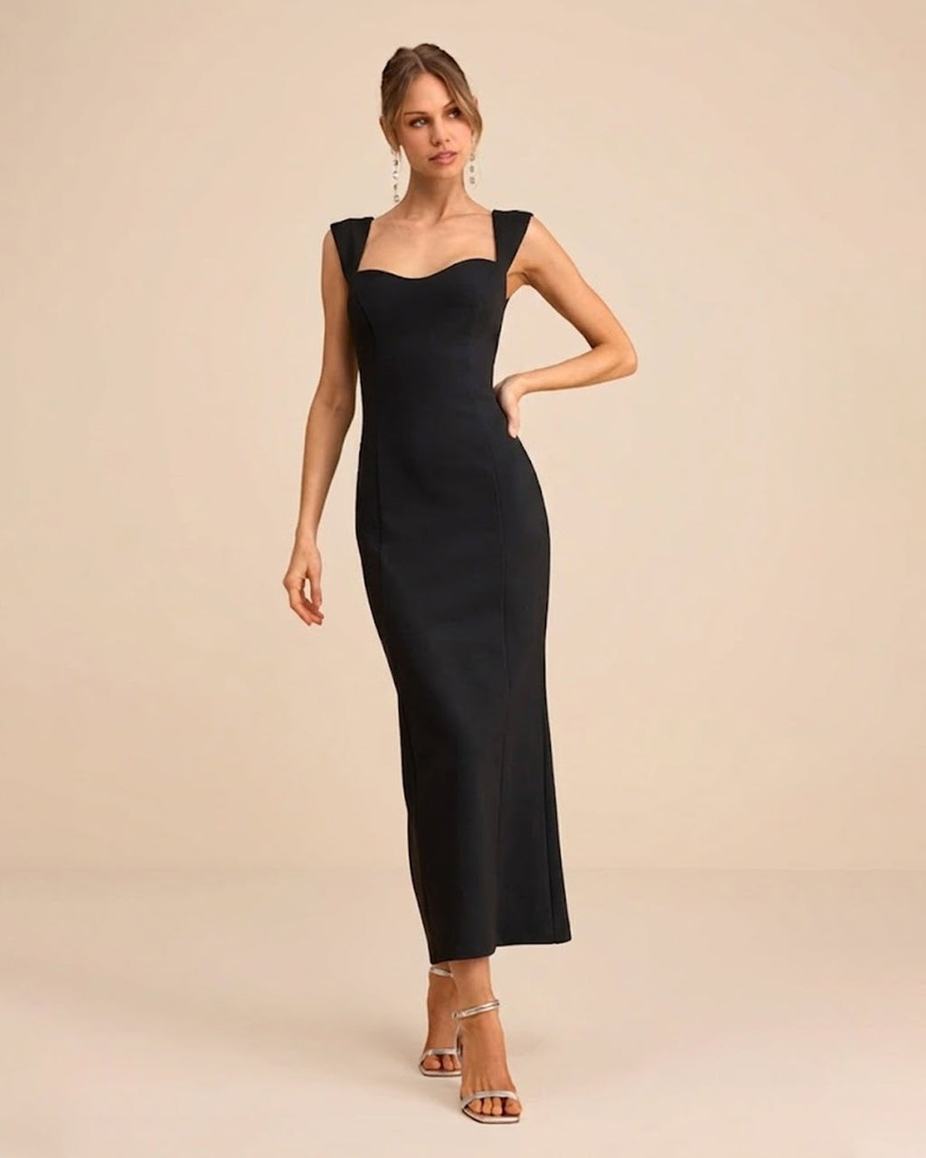 Cap Sleeve Bodycon Midi Dress in Black