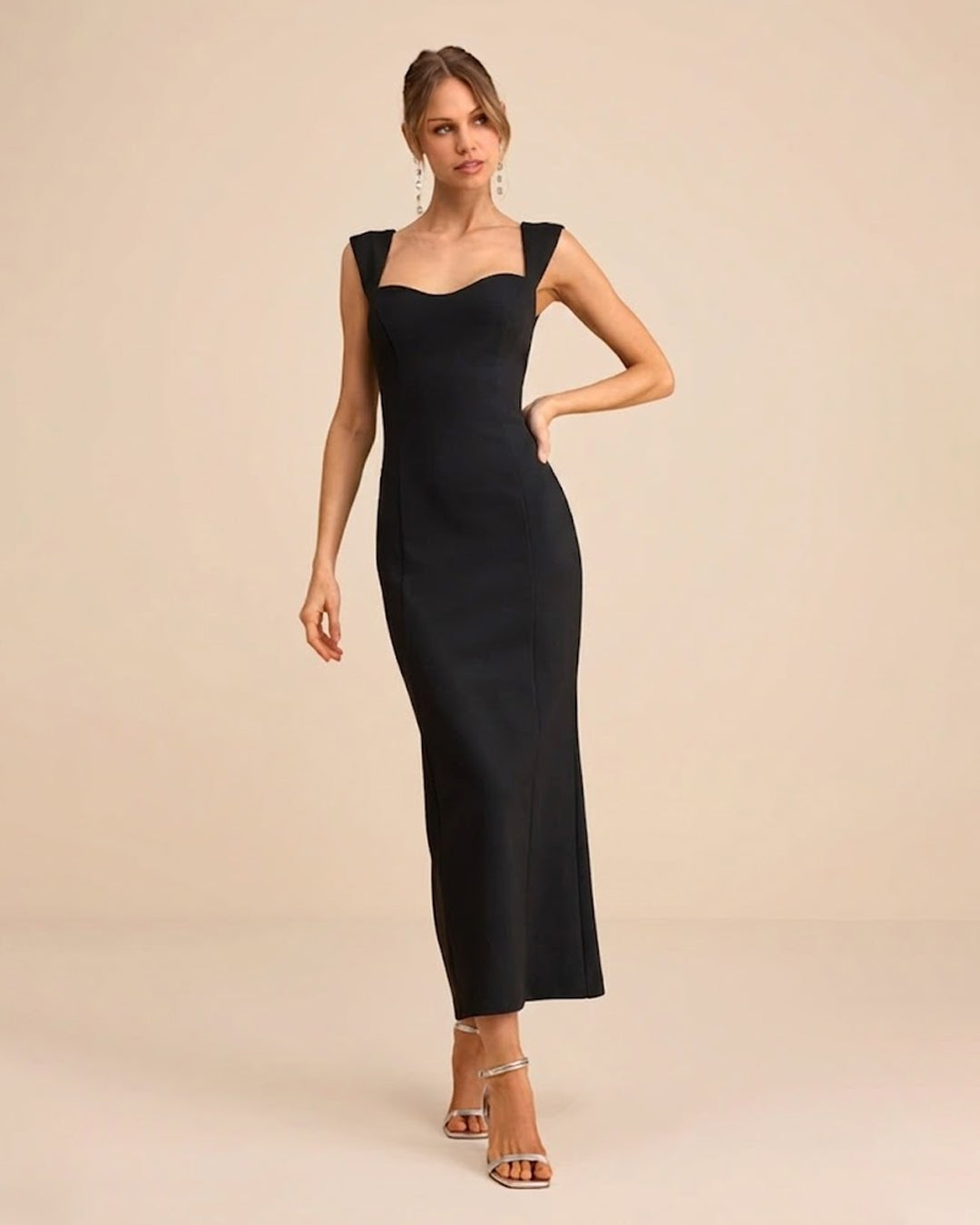 Cap Sleeve Bodycon Midi Dress in Black