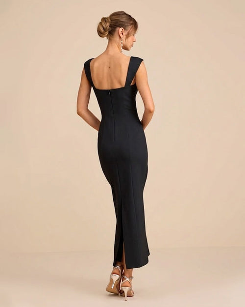 Cap Sleeve Bodycon Midi Dress in Black