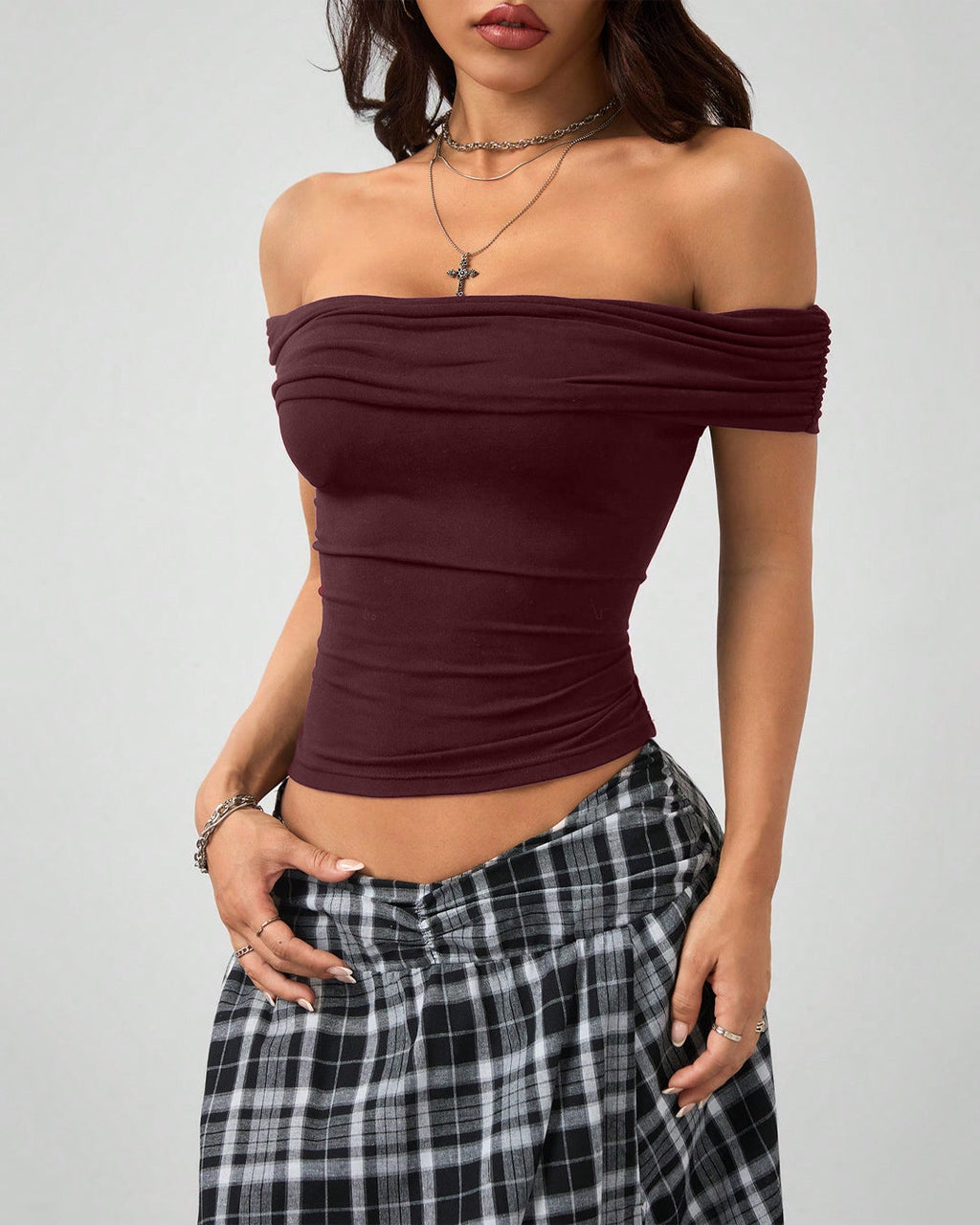 Ruched Black Fitted Off Shoulder Pleated Top in Maroon