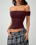 Ruched Black Fitted Off Shoulder Pleated Top in Maroon