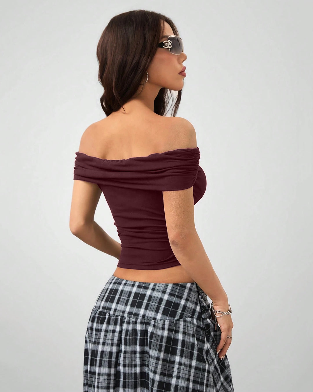 Ruched Black Fitted Off Shoulder Pleated Top in Maroon