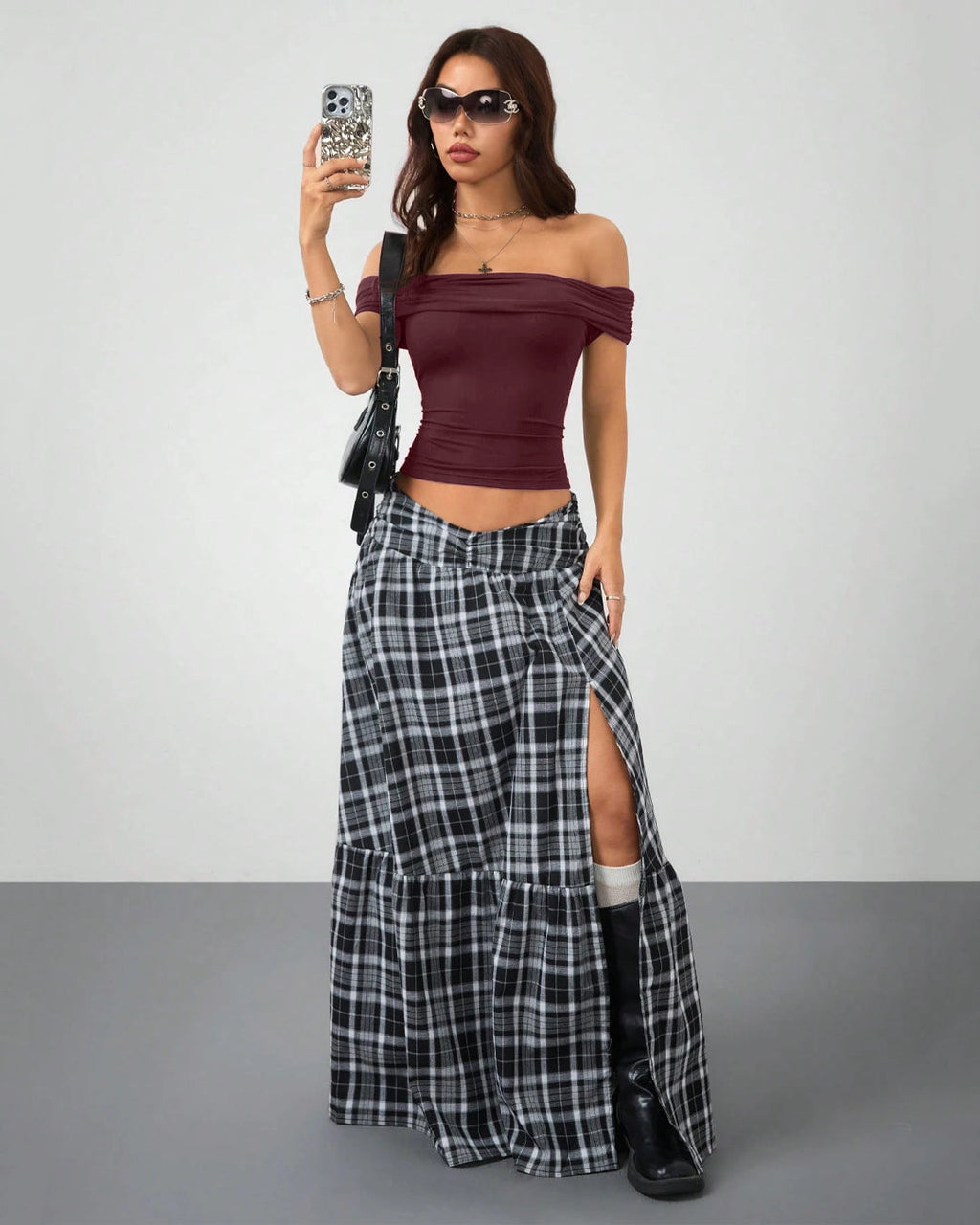 Ruched Black Fitted Off Shoulder Pleated Top in Maroon