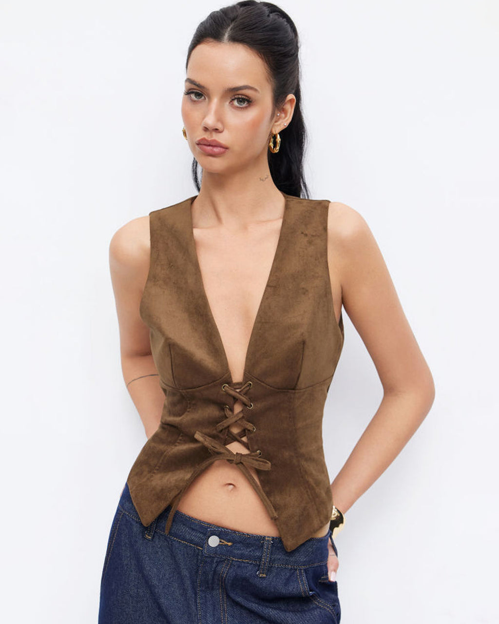Suede V-neck Lace Up Blazer Vest Top In Brown