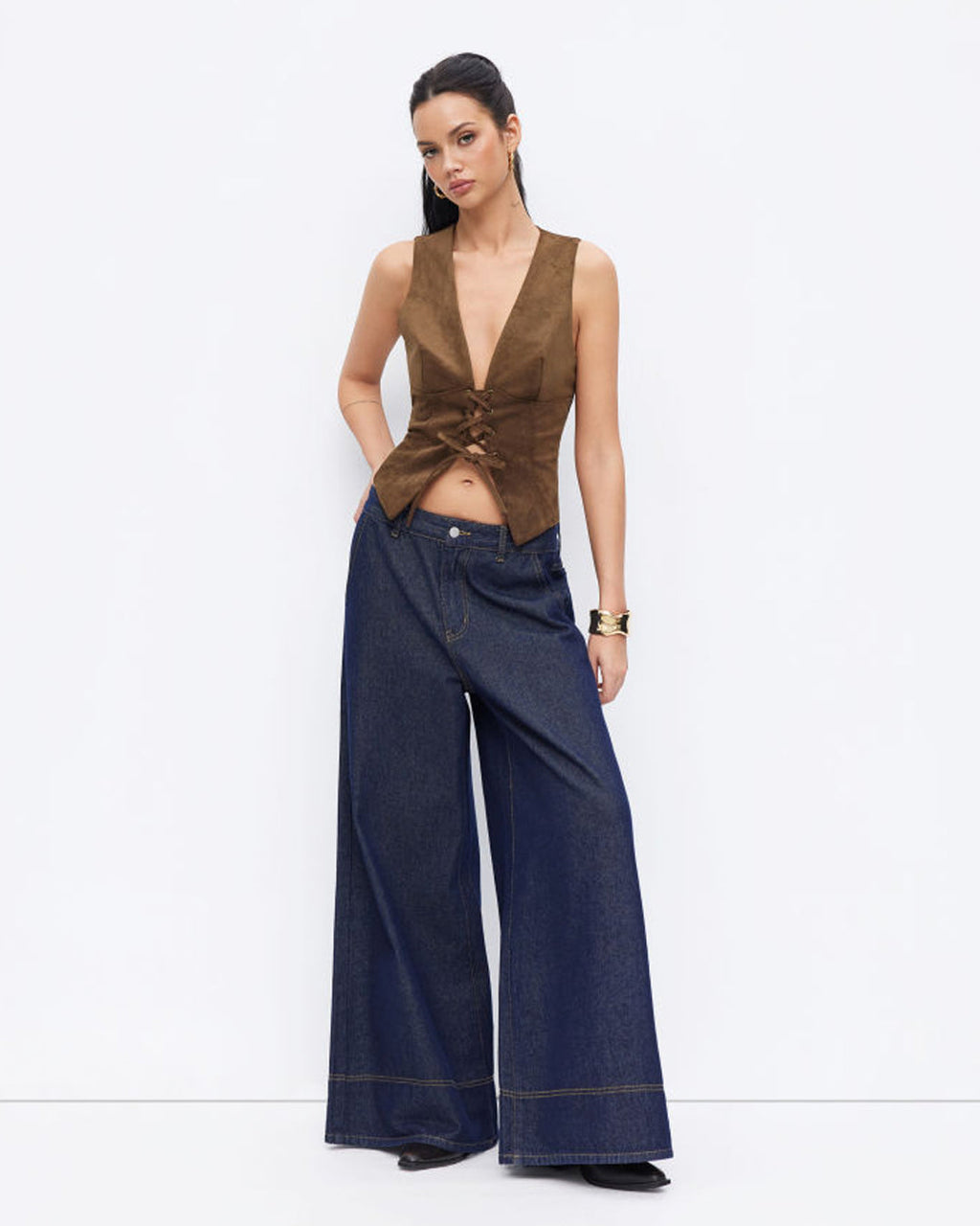 Suede V-neck Lace Up Blazer Vest Top In Brown