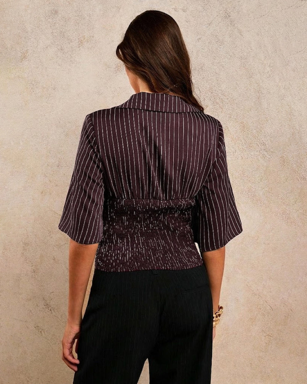 V-Neck Striped Flared Ruched Top in Wine Red