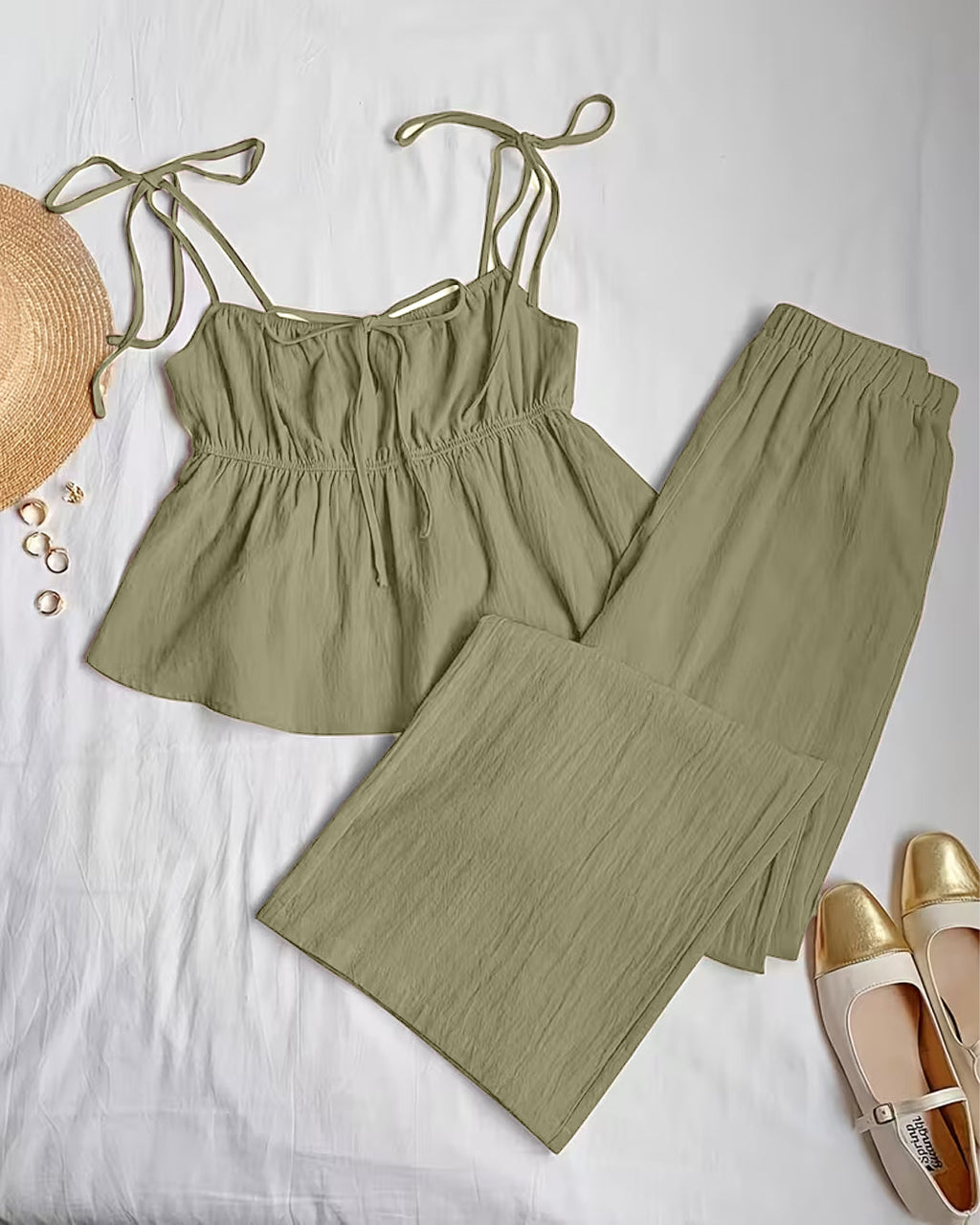 Lace up Tie Strap Top and Elastic Waist Wide Leg Pants Set in Herbal Green