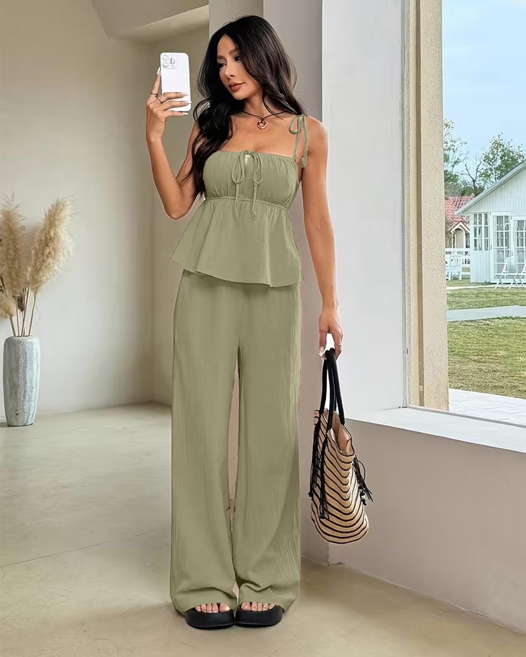 Lace up Tie Strap Top and Elastic Waist Wide Leg Pants Set in Herbal Green
