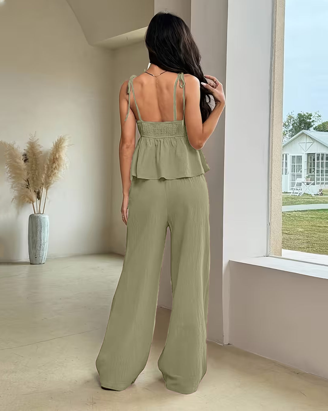 Lace up Tie Strap Top and Elastic Waist Wide Leg Pants Set in Herbal Green