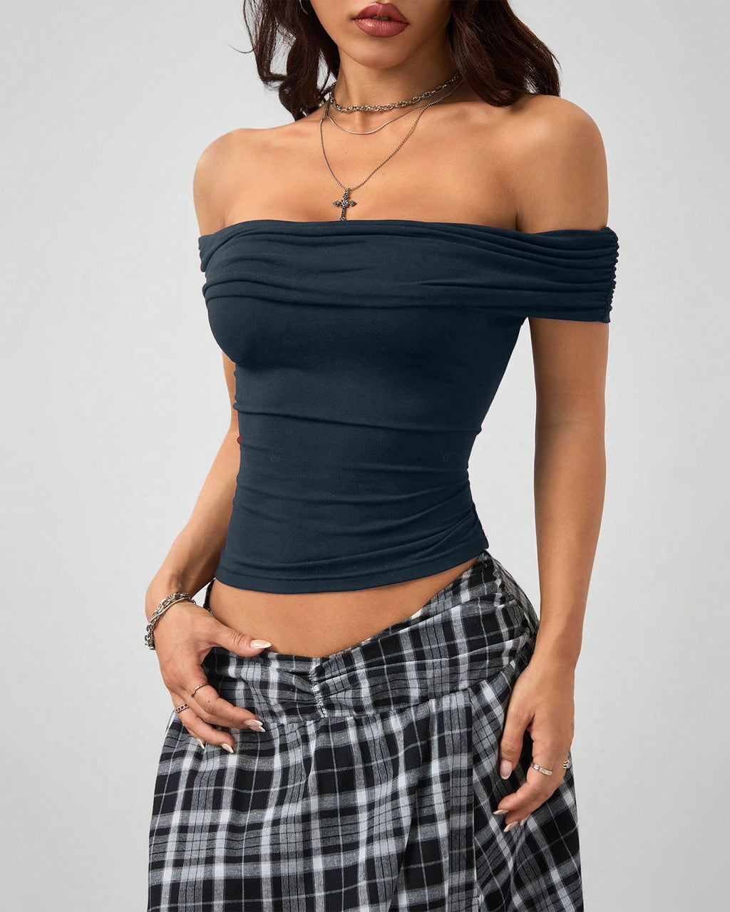 Ruched Black Fitted Off Shoulder Pleated Top in Navy Blue