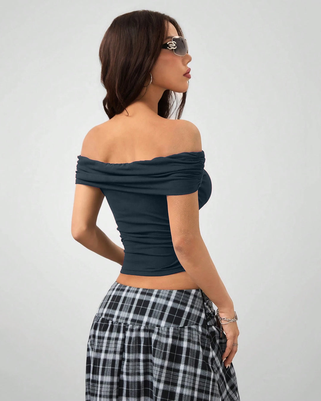Ruched Black Fitted Off Shoulder Pleated Top in Navy Blue