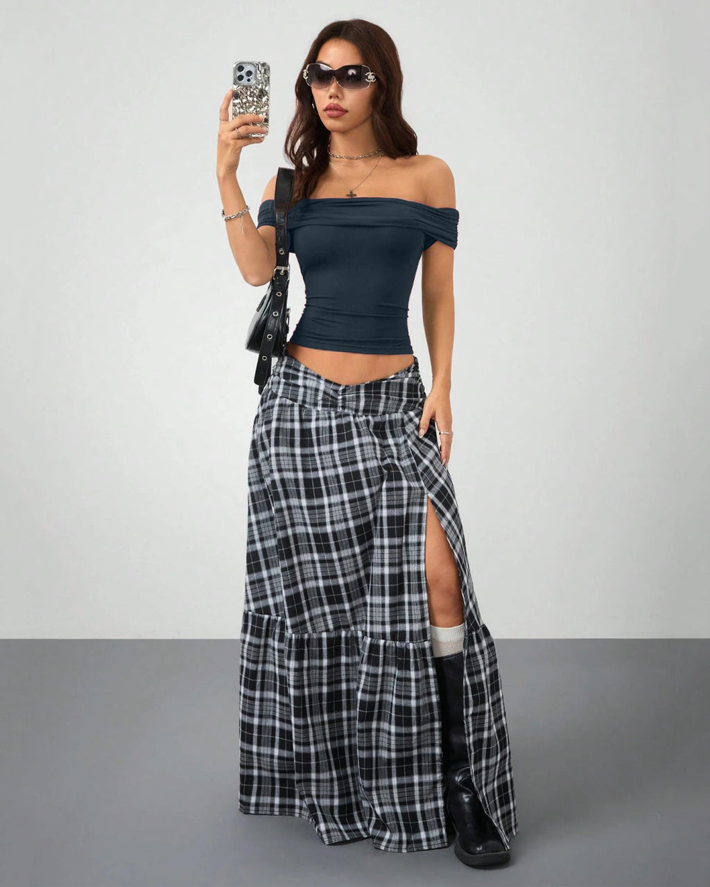 Ruched Black Fitted Off Shoulder Pleated Top in Navy Blue