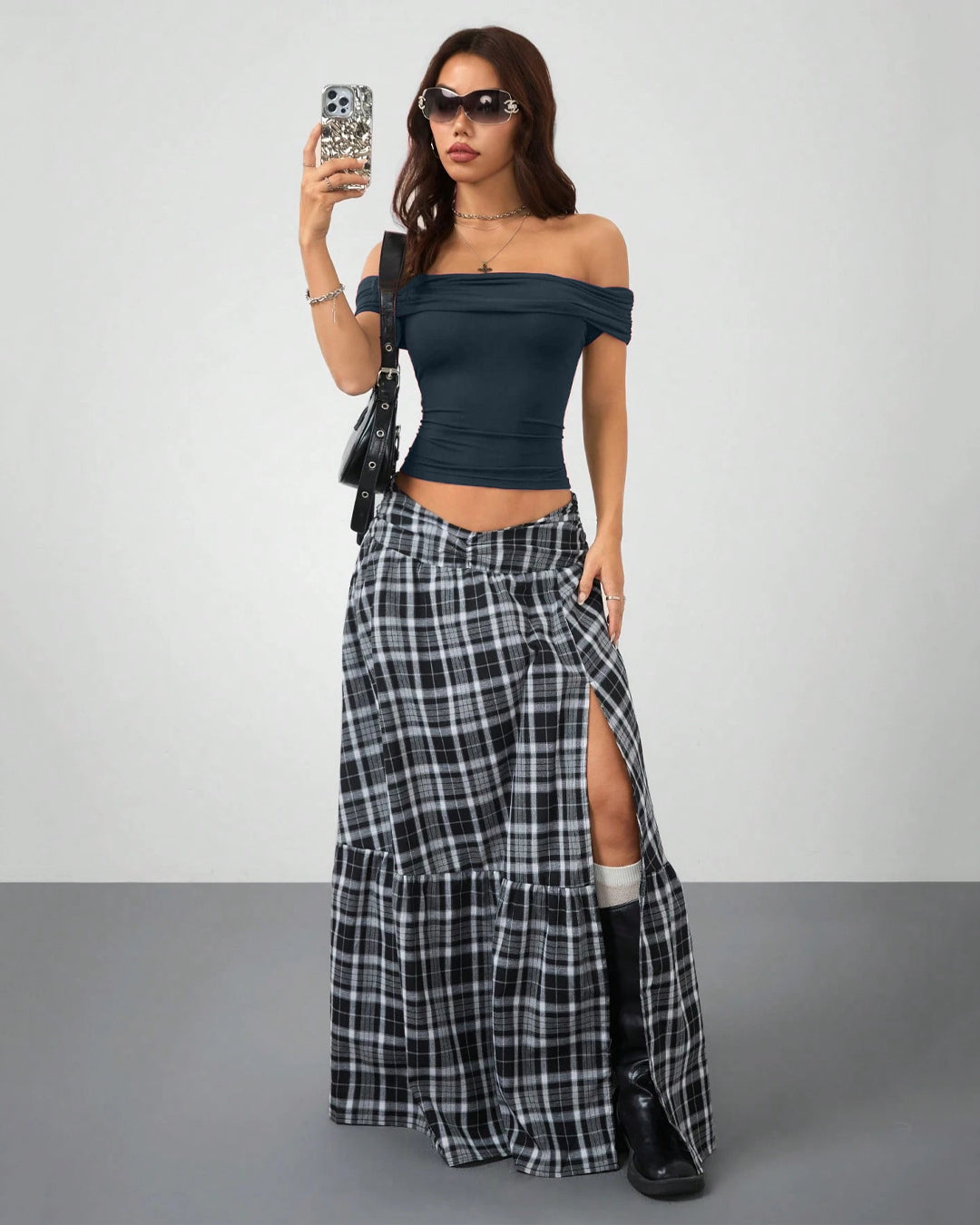 Ruched Black Fitted Off Shoulder Pleated Top in Navy Blue