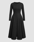 Round Neck Fit & Flare Solid Long Sleeve Midi Dress in Black