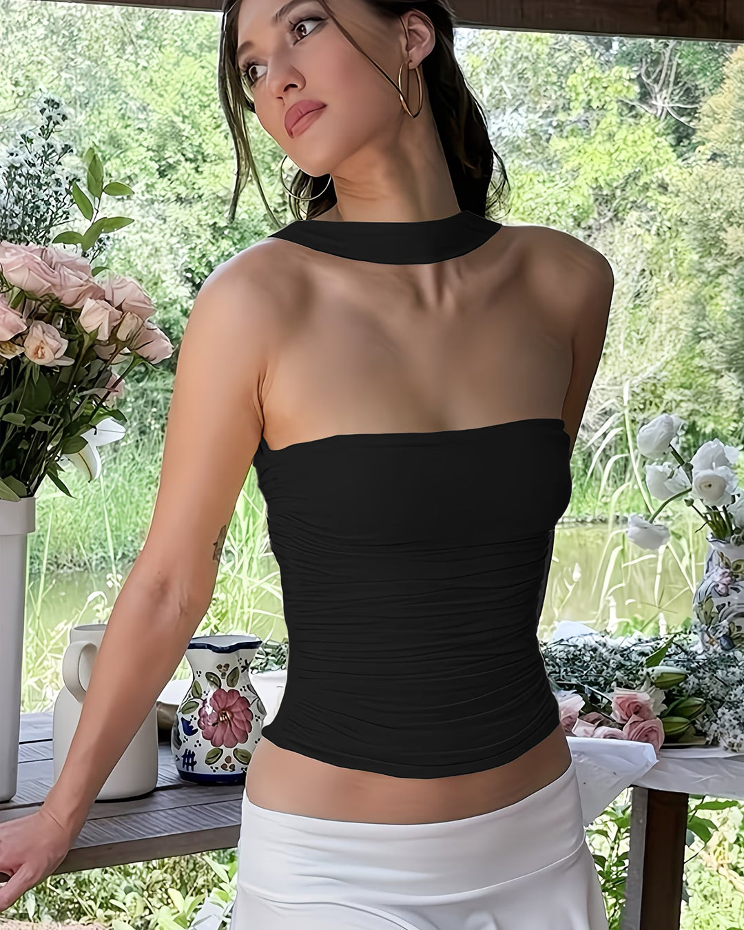 Strapless Ruched Bandeau Top With Scarf In Black
