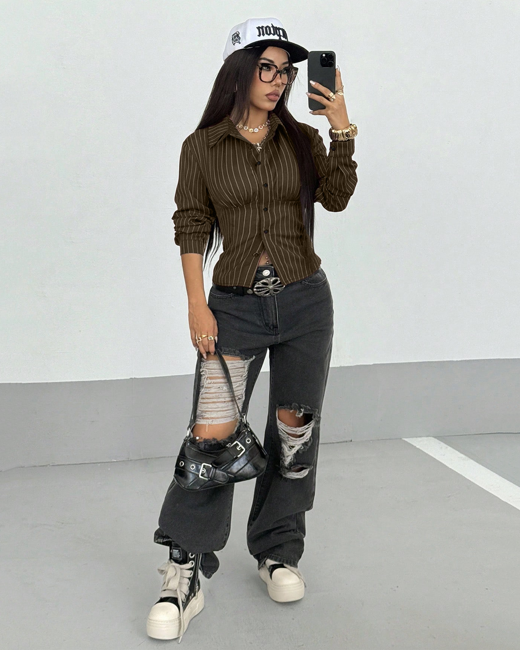 Retro Fitted Striped Shirt Top In Brown