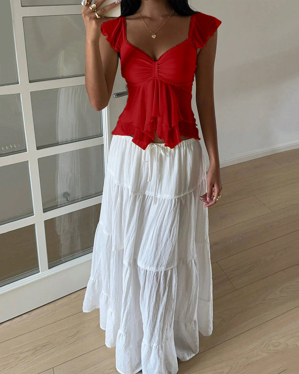 Chest Ruffle Mesh Flare Sleeve Top in Dark Red