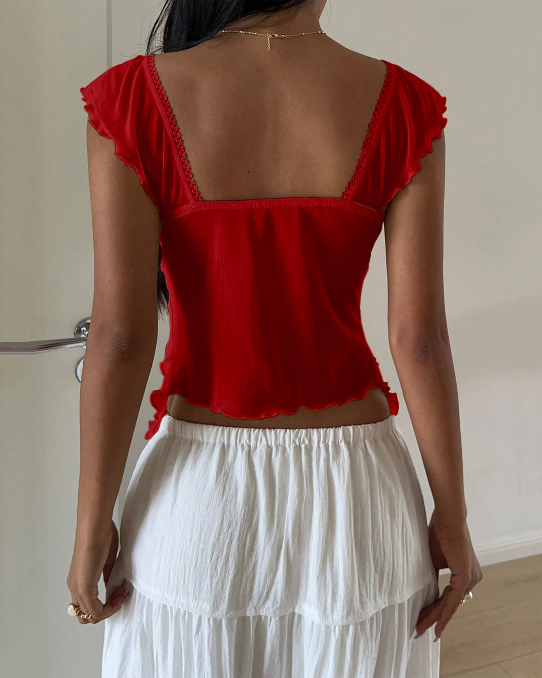 Chest Ruffle Mesh Flare Sleeve Top in Dark Red