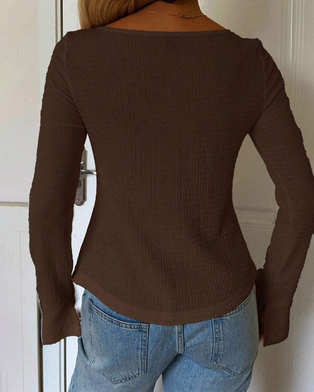 Tie Cuff Bell Sleeve Slit Hem Top in Coffee