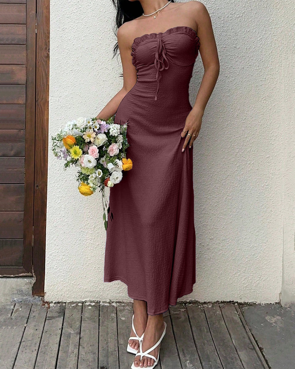 Strapless Cami Ruffle Summer Dress in Amaranth