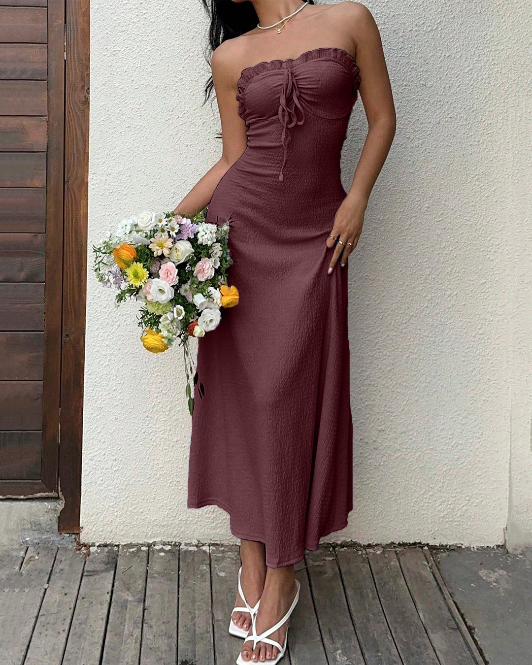 Strapless Cami Ruffle Summer Dress in Amaranth