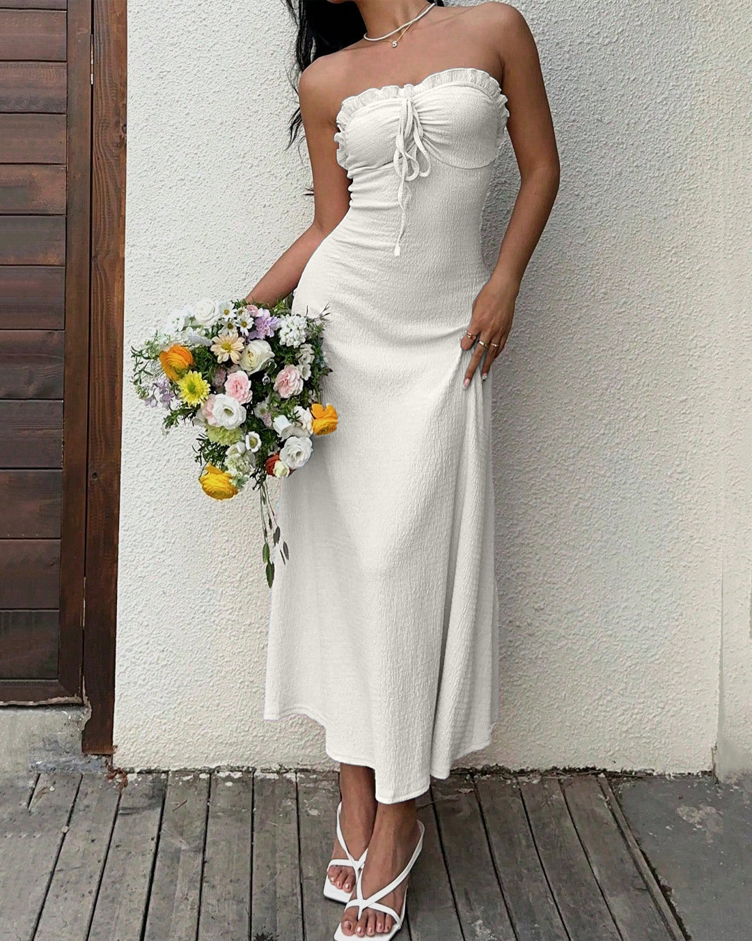Strapless Cami Ruffle Summer Dress in White