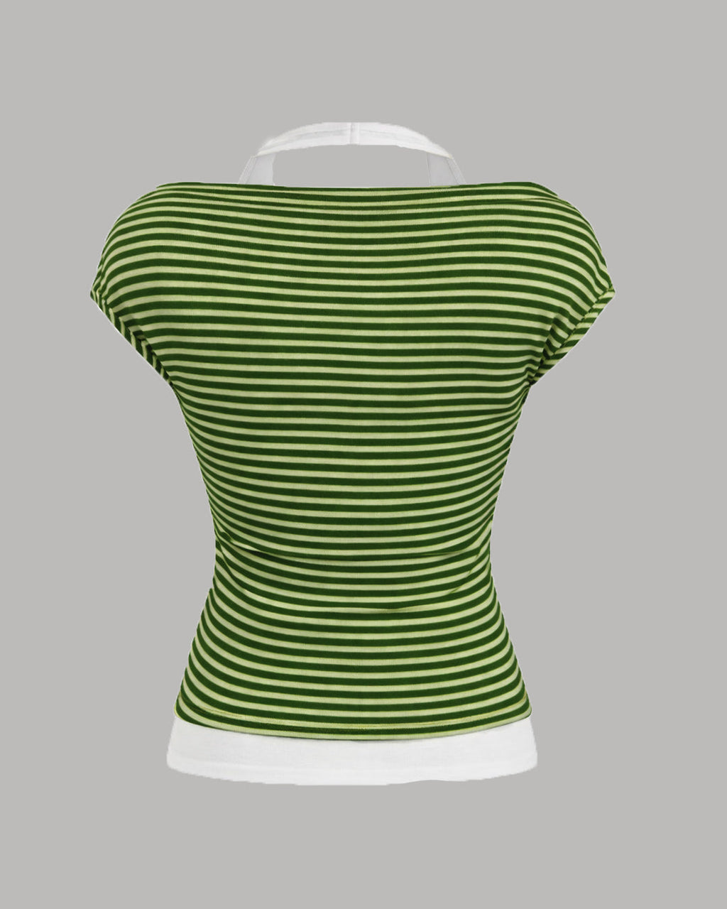 Striped Cowl Neck Ruched Short Sleeve Two Tone Layered Top in Green
