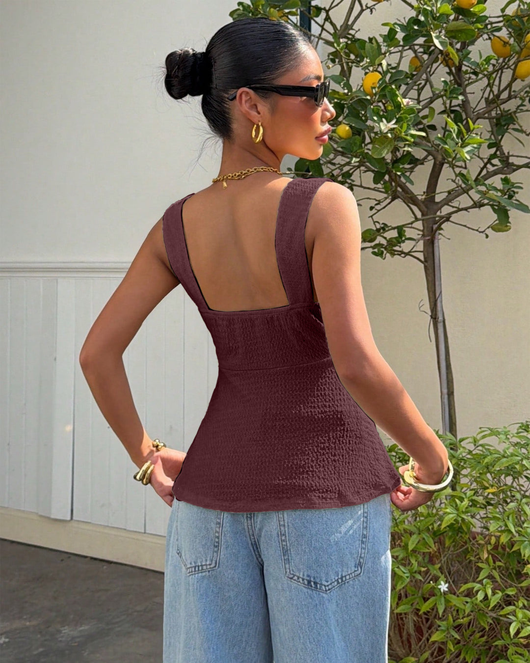 Knit Drawstring Sweetheart Neckline Top In Maroon
