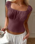 Square Neck Puff Sleeve Slim Fit Cropped Gathered Knitted Top In Maroon