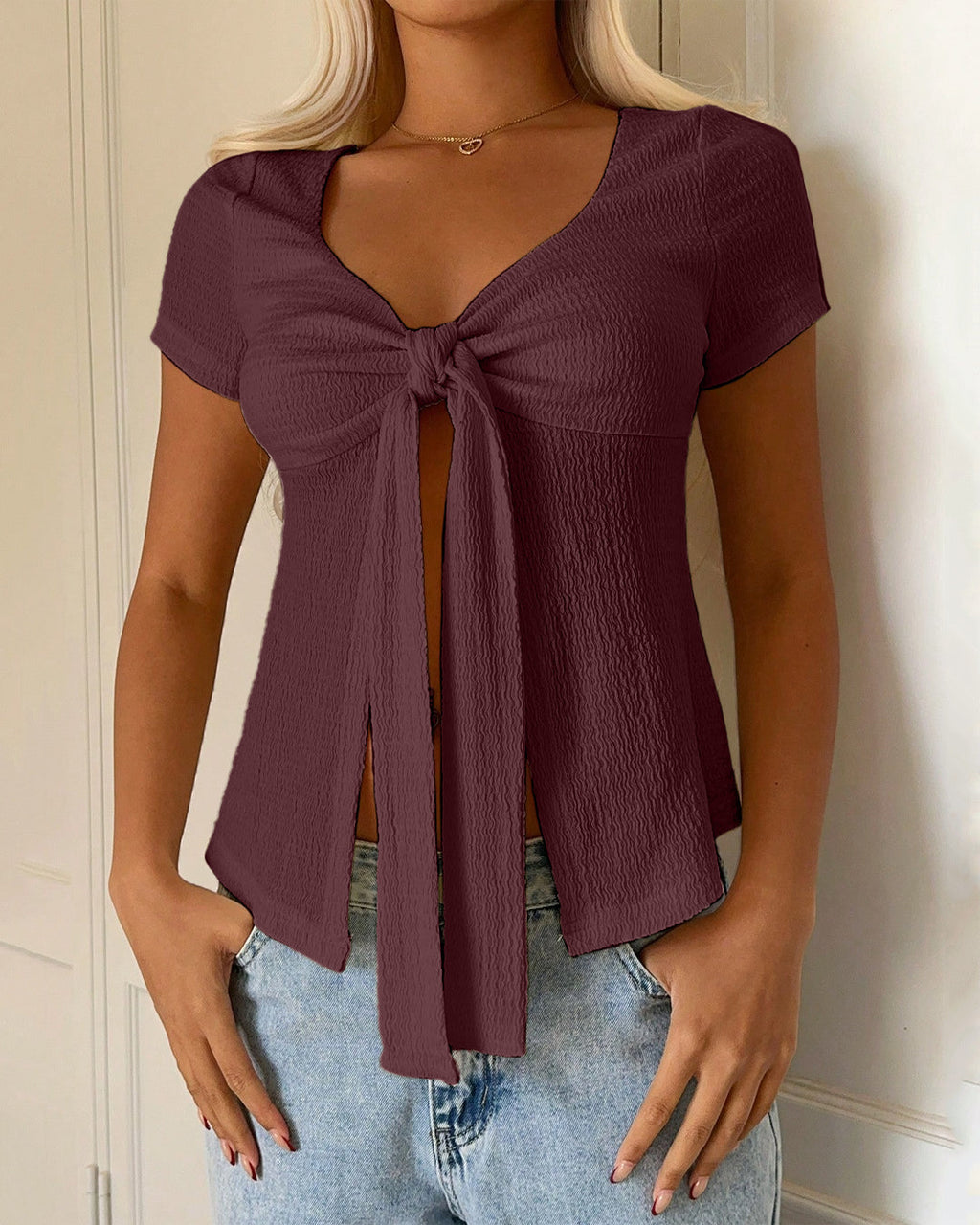 Bow Strap Short-Sleeved Split Top in Maroon