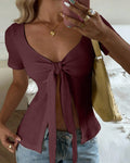 Bow Strap Short-Sleeved Split Top in Maroon