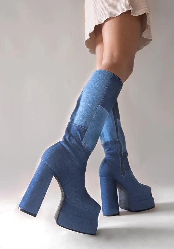 Runway Platform Knee High Boots In Blue