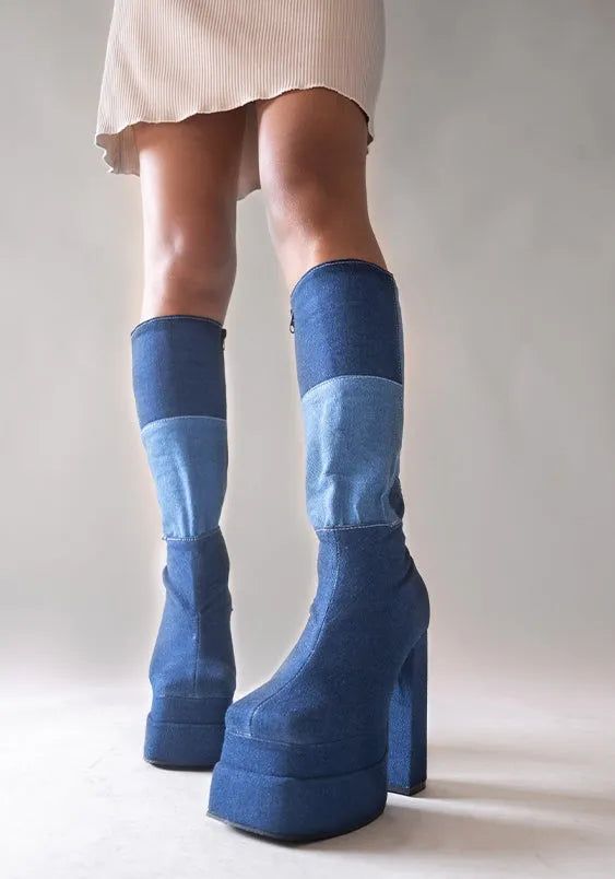 Runway Platform Knee High Boots In Blue