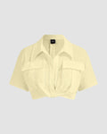 Pleated Button-Up Crop Top in French Vanilla