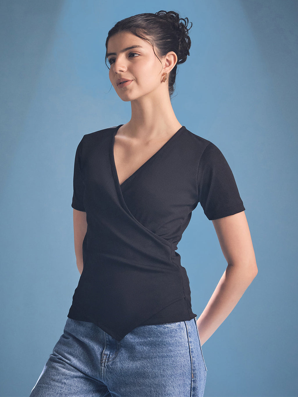 Stretchable Wrap Style Ribbed Top