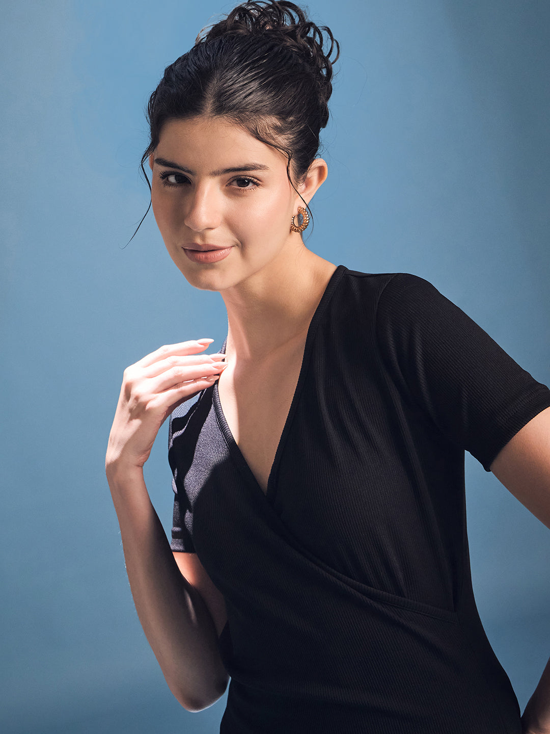 Stretchable Wrap Style Ribbed Top