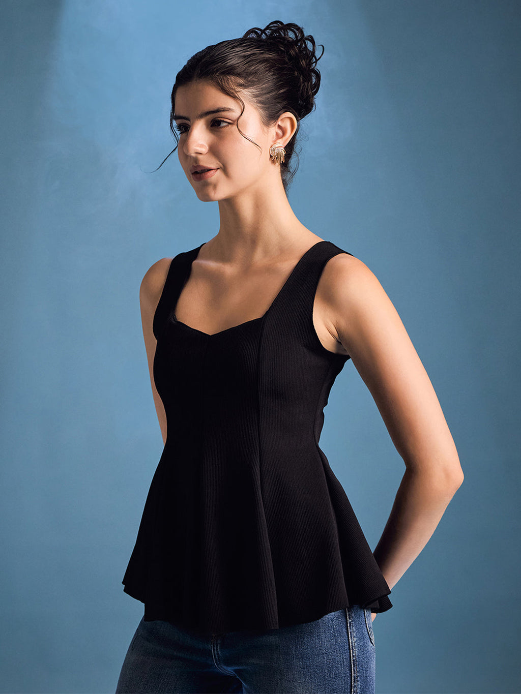 Stretchable Ribbed Peplum Top