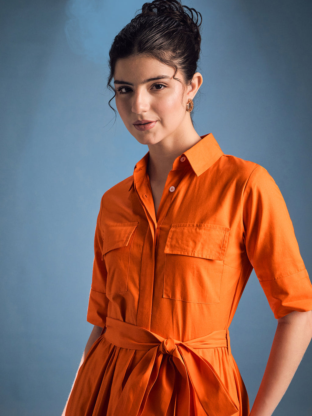 Pure Cotton Flared Shirt Dress With Belt