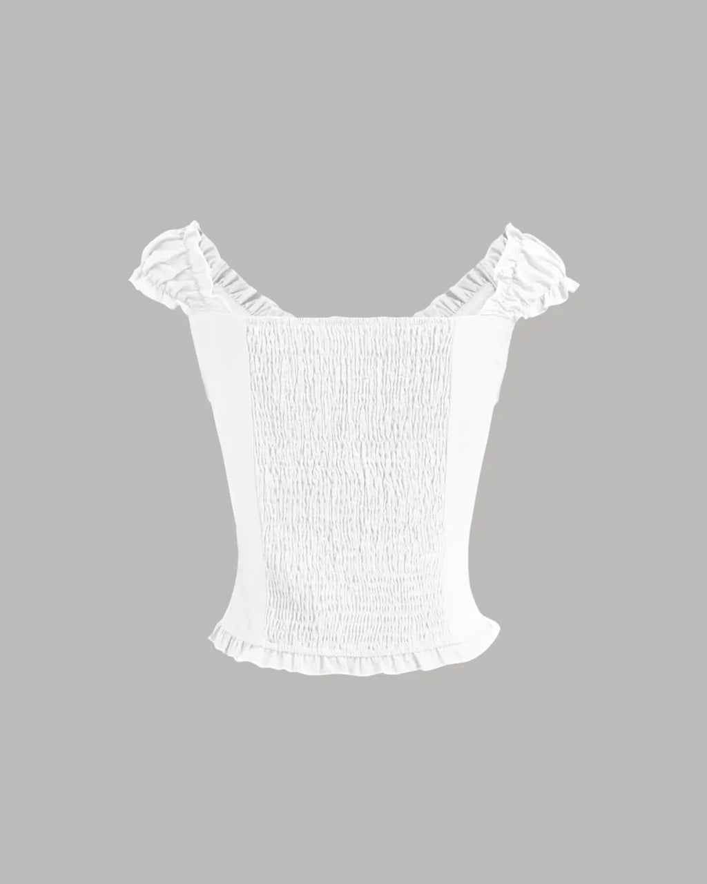 White Ruffle Trim Ruched Button Front Top