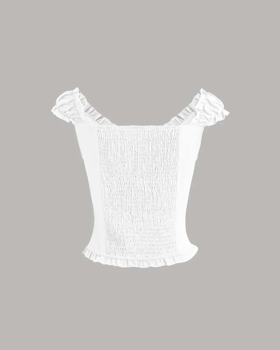 White Ruffle Trim Ruched Button Front Top