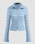 Textured Long Sleeve Button Up Top in Dusty Blue